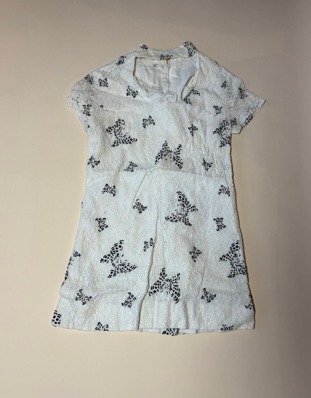 White Butterfly Print Lace Shift Dress Short Sleeve